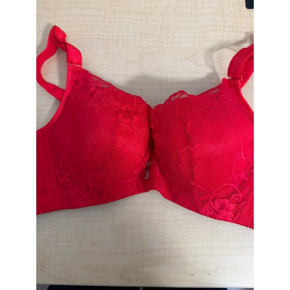 Red Lace Full Coverage Bra Floral Embroidery Crystal Charm Size 48/110